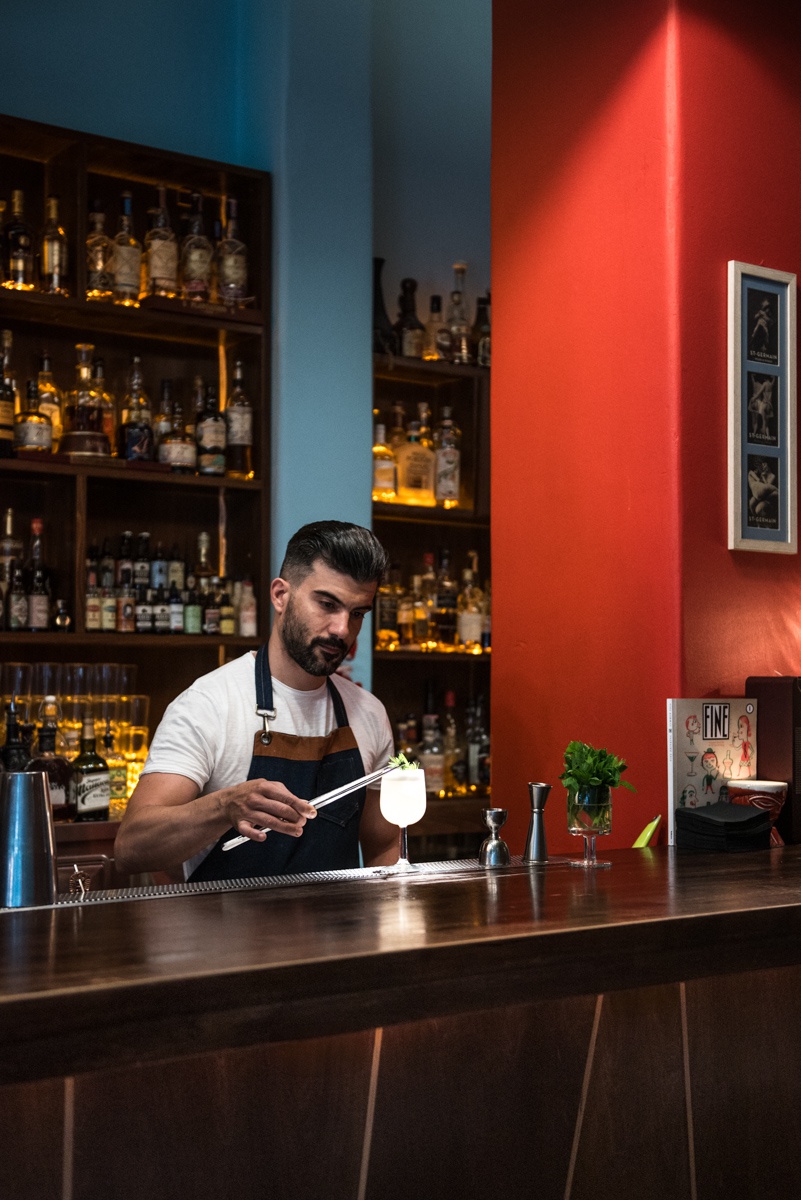 In this picture: Bartender Nikos Gartzolakis preparing 'Love of Zero' sugnature drink, Baba Au Rum, Syntagma, Athens, Greece. Athens, Food and Drinks,