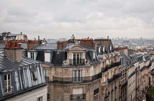 FRANCE, Paris, Parisian rooftops in Montmartre during the day, City view in the background. 2012, City View, Clouds, Day, Daytime, France, Montmarte, Parisian,