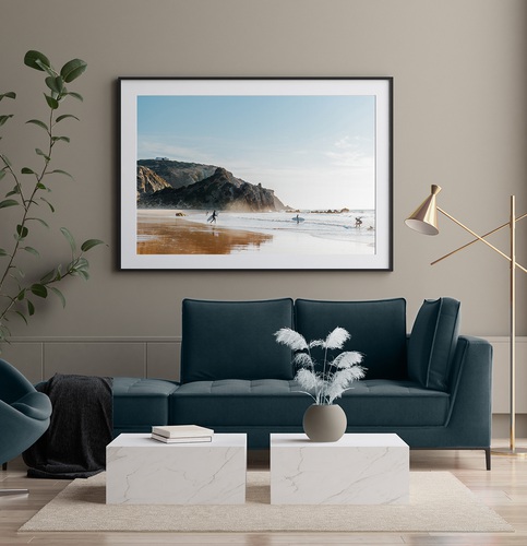 Modern interior, poster mock up, 3d render. frontal, template, color, cozy, trend, couch, simple, branch, house, spac.