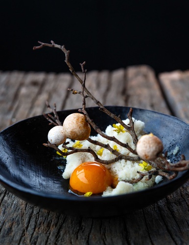 Digüeñes desert dish, made of chirimoya alegre, mandarin and carrot cake, citrus pure and chirimoya snow. Borago Restaurant, Barrio Vitacura, Santiago,. Chile, Santiago
