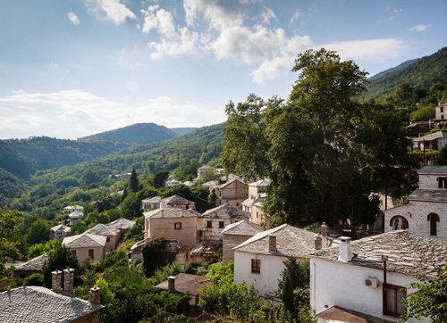 View over Pinakates village (next to Milies) with traditional houses, Pelion peninsula, Greece.. Pelion, architecture, building, buildings, forest, greece,. Greece,