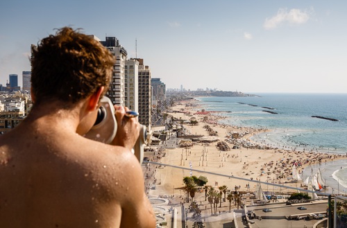 View over the skyline and beaches of Tel Aviv, Israel.. Israel, Tel Aviv. Israel, Tel Aviv