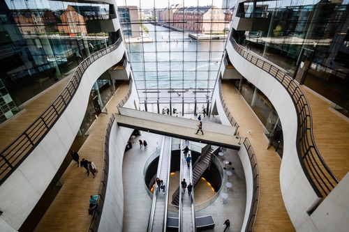 The interior of the Black Diamond building, house of the Royal Library, Copenhagen, Denmark.. Copenhagen; Denmark; Scandinavia; danish; europe; scandinavian;. Copenhagen, Denmark