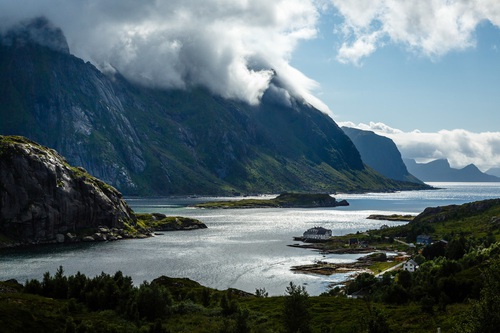 Landscape in Unstad, Vestvågøy commune, Lofoten Islands, Norway.. Europe, Lofoten, Norway, Scandinavia, Unstad, Vestvågøy, dramatic, european, fjord,. Norway,